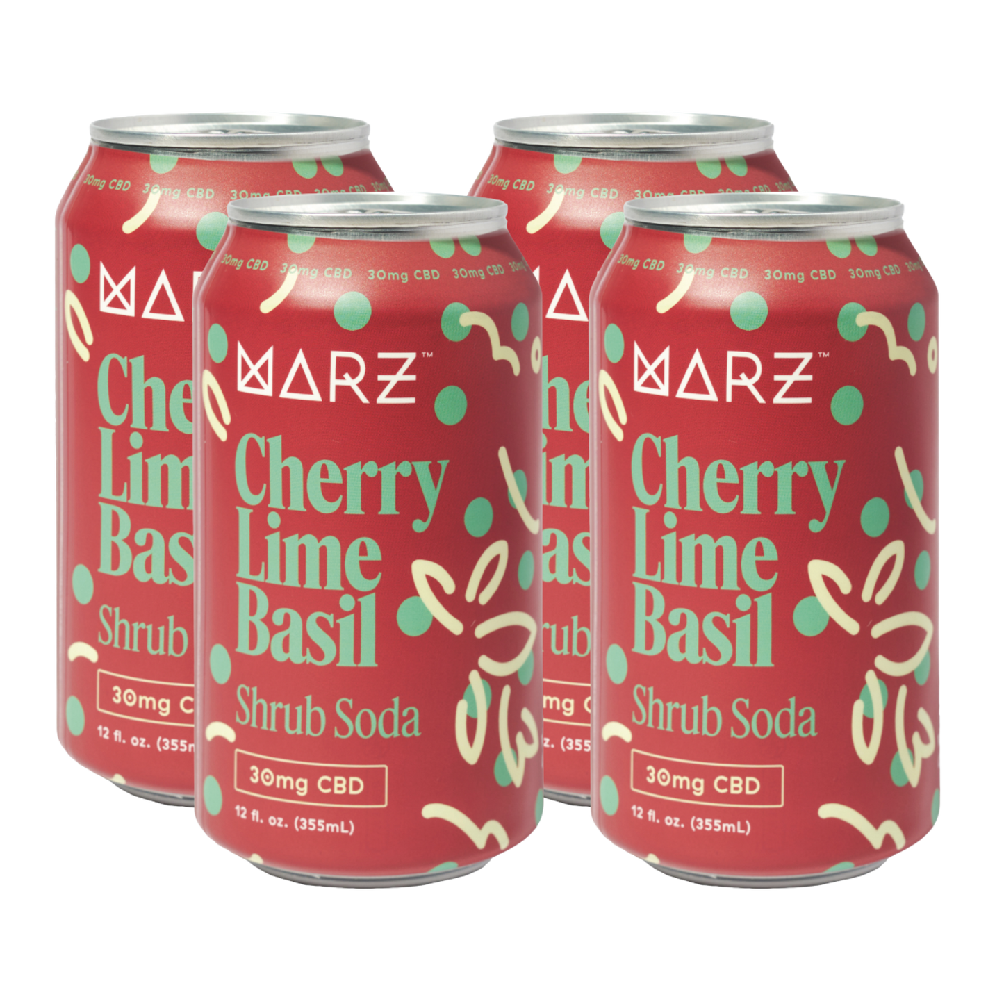 Six cans of Marz Cherry Lime Basil Shrub Soda on a white background