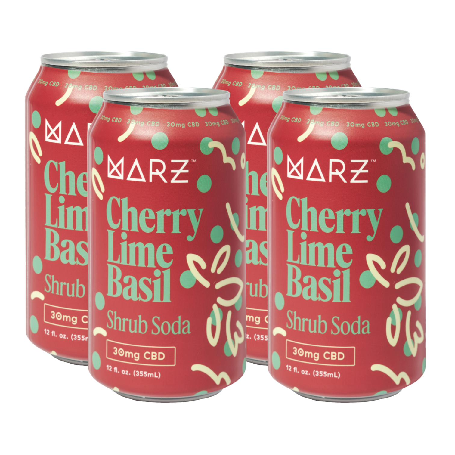 Six cans of Marz Cherry Lime Basil Shrub Soda on a white background