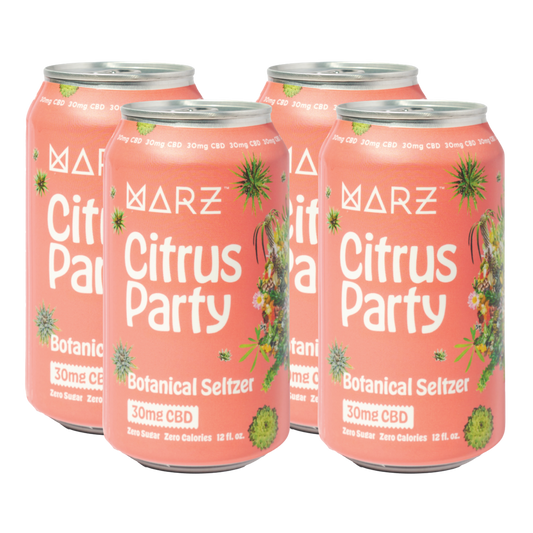 Four cans of Marz Citrus Party Botanical Seltzer on a white background
