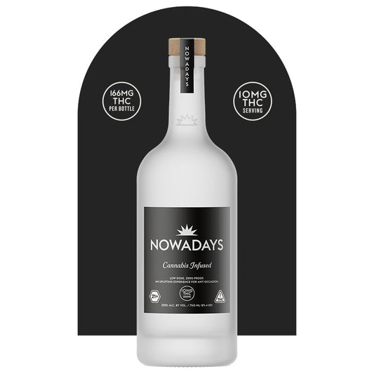 This image features a sleek bottle of "Nowadays High Dose," a cannabis-infused beverage. The bottle is tall and slender with a white label that prominently displays the product name and a brief description.