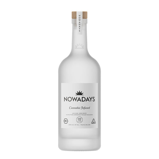 A bottle of Nowadays Micro Dose cannabis-infused spirit with a white label and cap, displaying the product name and branding.
