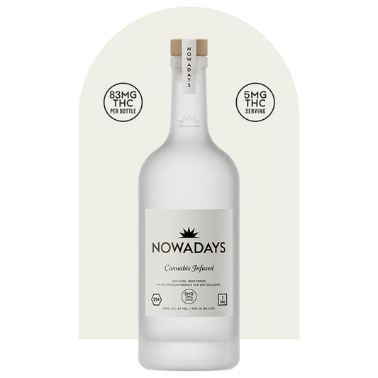 This image features a sleek bottle of "Nowadays Low Dose," a cannabis-infused beverage. The bottle is tall and slender with a white label that clearly displays the product name and the fact that it contains 6mg THC per serving.