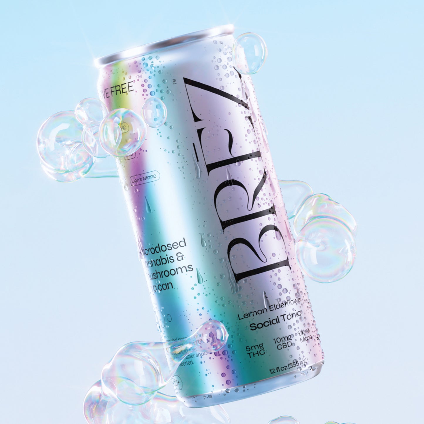 Canned drink with colorful label on a light blue background