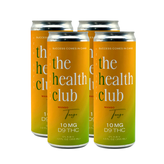 Four cans of 'The Health Club' on a white background