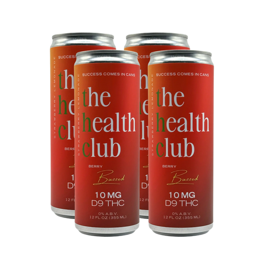 Four red cans of 'the health club' with white text on a white background