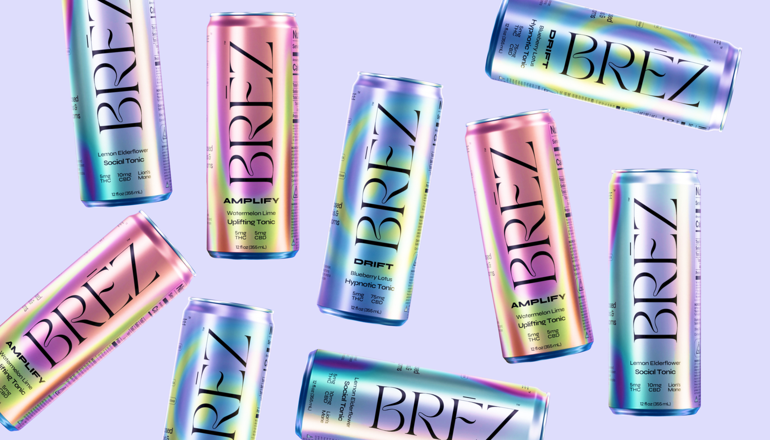 Multicolored BREZ cans on a purple background